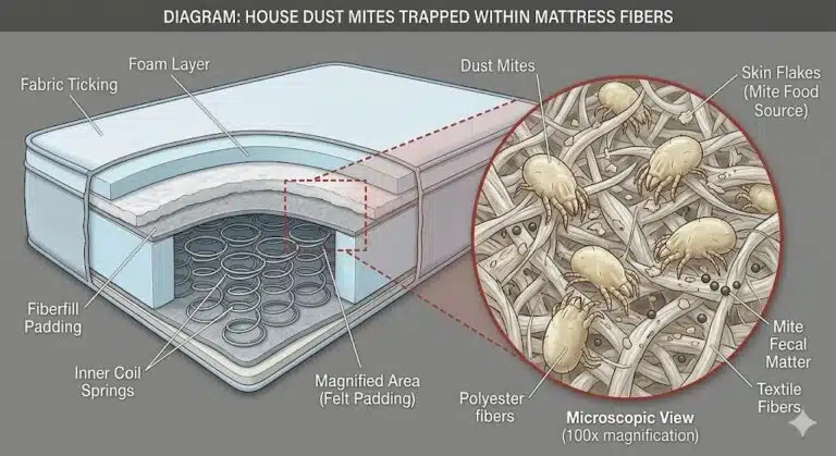 Cross-section showing dust mites trapped inside a Malaysian mattress
