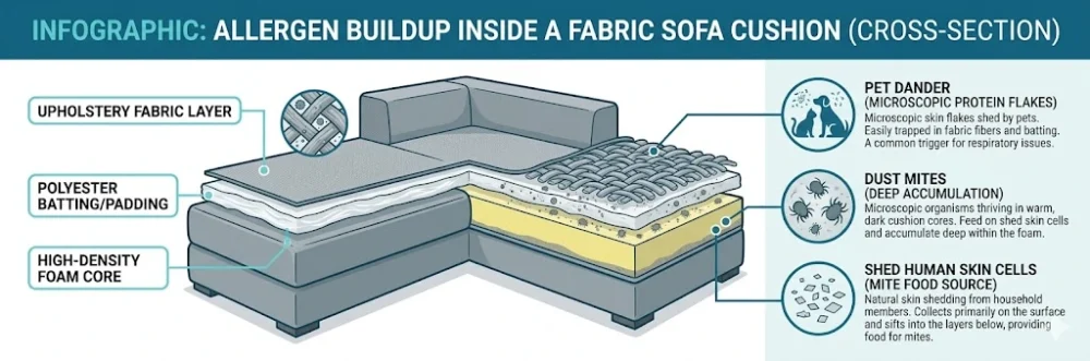 Infographic cross-section illustrating layers of allergen accumulation including dust mites, pet dander, and skin cells inside a fabric sofa cushion.