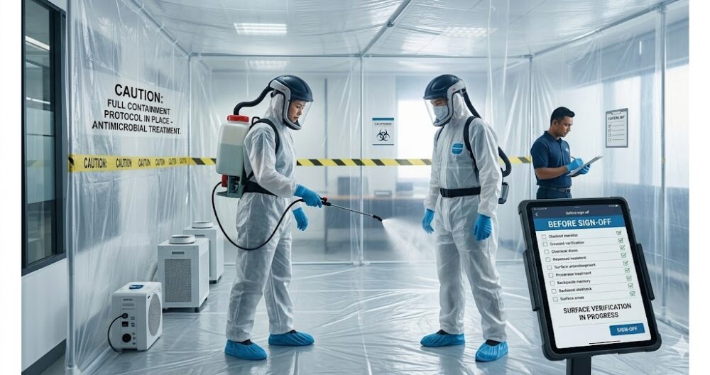 Professional mould remediation technician in Klang Valley applying EPA-registered antimicrobial treatment to affected wall surface, full containment protocol in place