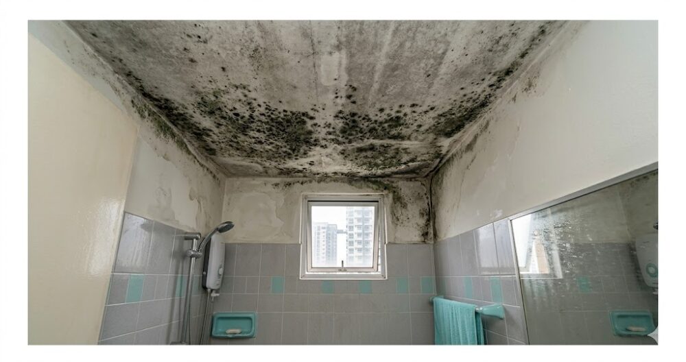Black mould growing on a concrete ceiling inside a poorly ventilated Malaysian condominium bathroom in Kuala Lumpur.