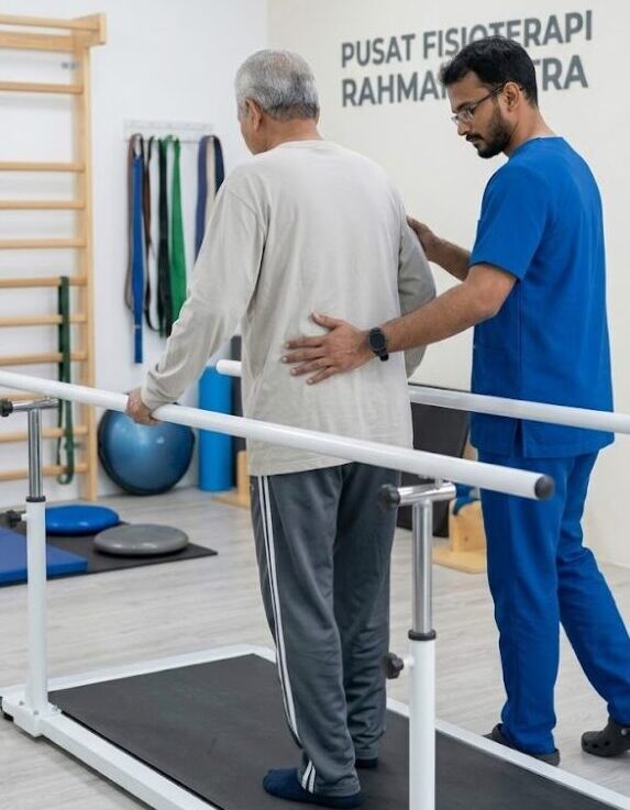 Stroke survivor practicing walking rehabilitation with a physiotherapist at a rehabilitation centre in Sungai Buloh, Selangor.