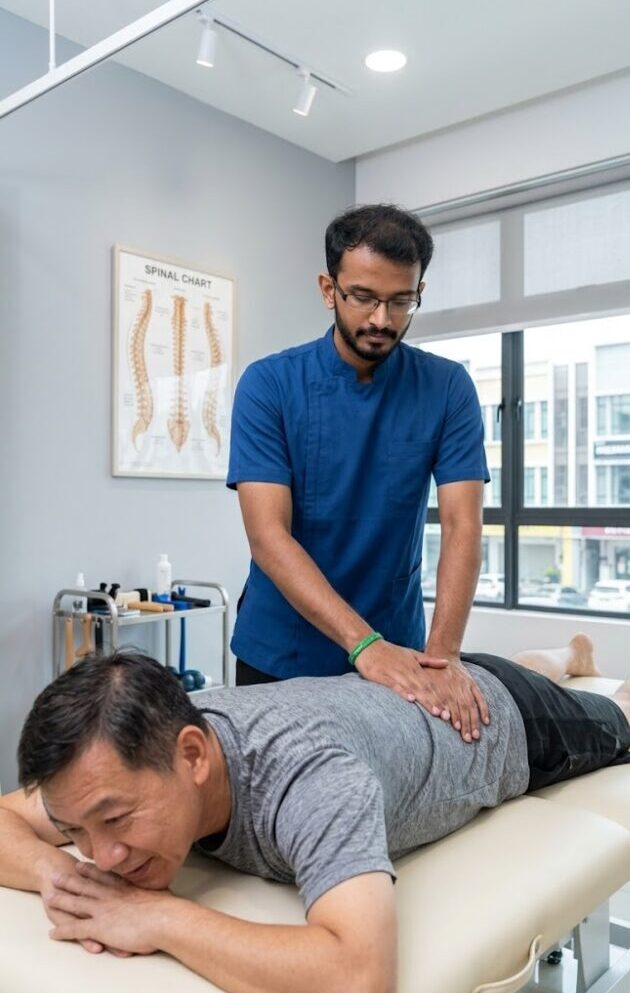 Certified physiotherapist performing targeted spinal decompression for slipped disc and sciatica pain management at Pusat Fisioterapi Rahman Putra, Sungai Buloh.