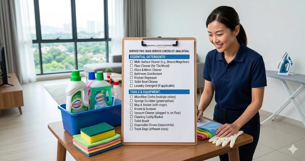 Cleaning supplies checklist to prepare before a part-time maid service session in Malaysia, including detergents and tools.