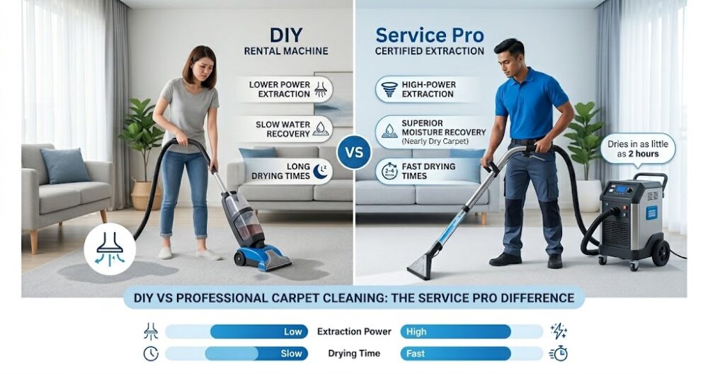 Comparison of DIY carpet cleaning machine vs. professional hot water extraction unit used by certified carpet cleaners in Malaysia, showing the difference in extraction power and moisture recovery.