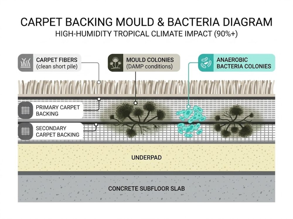 Cross-section diagram showing mould and anaerobic bacteria colonies forming in damp carpet backing and underpad in Malaysia's high-humidity tropical climate.