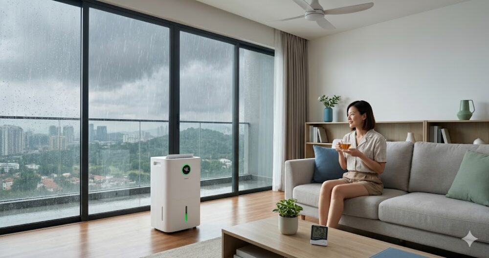 Dehumidifier operating in a Malaysian condominium living room during monsoon season to prevent mould growth.