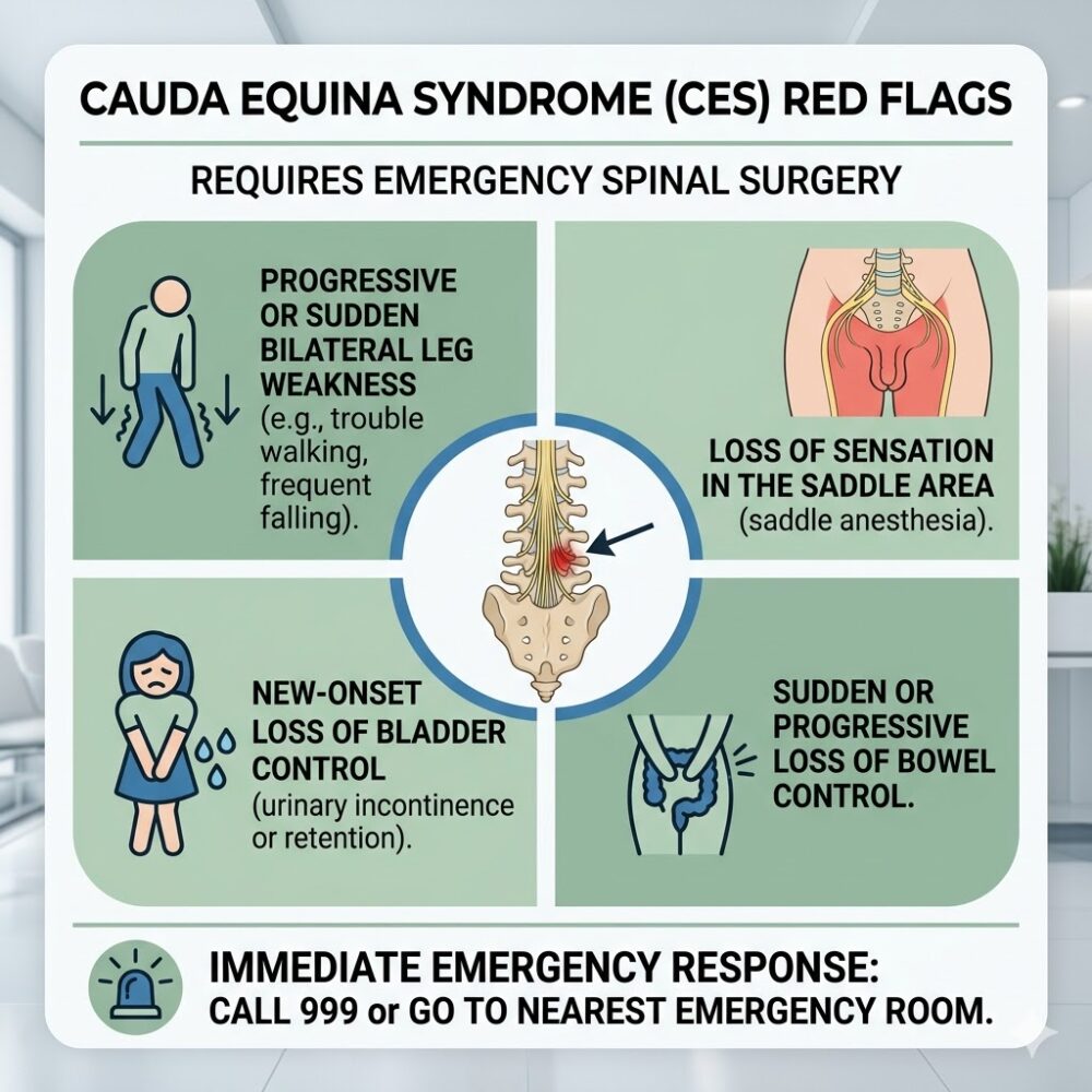 Diagram illustrating cauda equina syndrome red flag symptoms requiring emergency spinal surgery, including bilateral leg weakness and loss of bladder control
