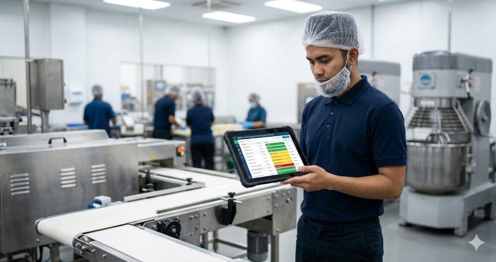Factory floor Halal Executive at a Puchong food processing plant using an industrial tablet displaying the HIAS real-time supplier certificate risk dashboard with colour-coded expiry alerts.