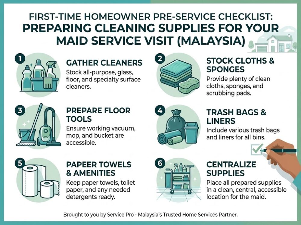 First-time homeowner checklist for preparing cleaning supplies before a part-time maid service visit in Malaysia.