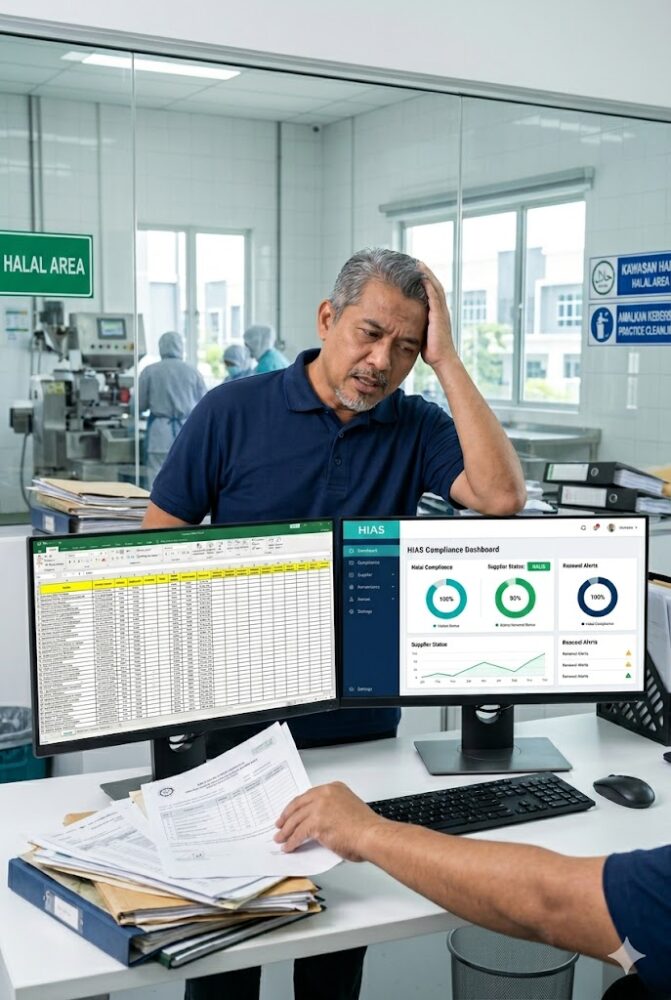 Frustrated Malaysian QA manager at a Shah Alam food processing facility replacing manual Halal supplier certificate spreadsheets with a clean, real-time HIAS compliance dashboard on dual monitors.