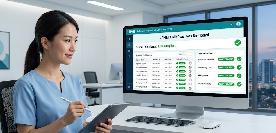 High-definition thumbnail showing a 100% compliant JAKIM Halal audit preparation dashboard inside the HIAS software platform, with green status indicators across all supplier certificates and production lines.