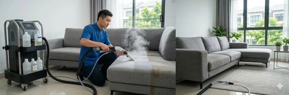 A certified upholstery technician using a hot water extraction wand on a grey fabric sofa, flushing out embedded allergens and bacteria.