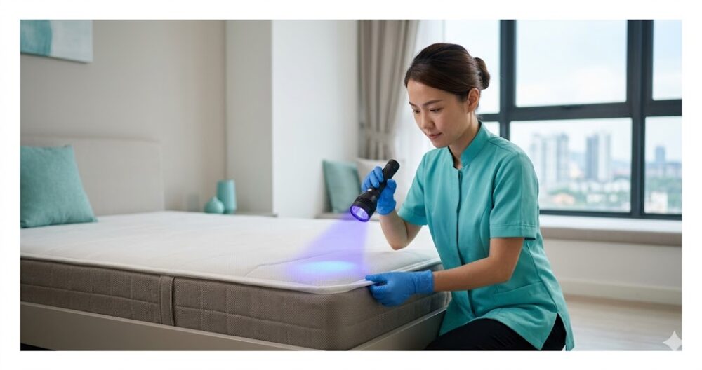 Certified hygiene professional inspecting mattress for dust mites and bed bugs before deep cleaning service in Malaysia.