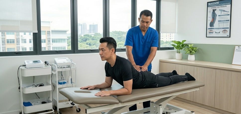 Licensed physiotherapist guiding a patient through McKenzie Method lumbar extension exercises for slipped disc and sciatica rehabilitation at a physiotherapy centre in Subang Jaya, Selangor