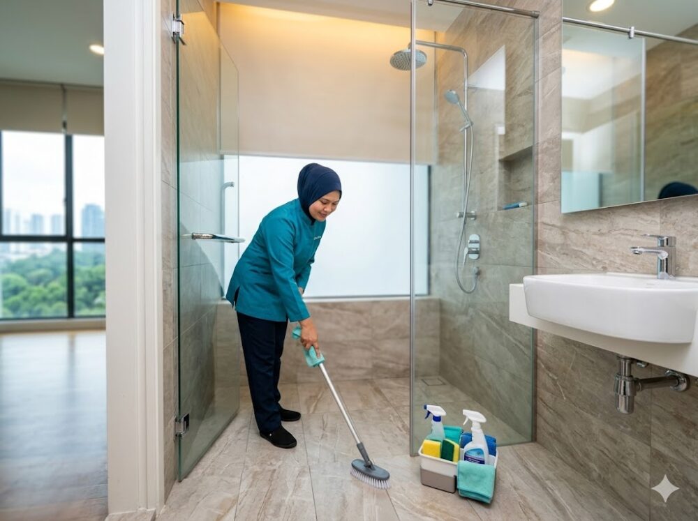 Super Great Cleaning Services team performing professional part time maid PJ service — bathroom sanitization in a Damansara condominium, Service Pro Hygiene Hub verified partner for Klang Valley.