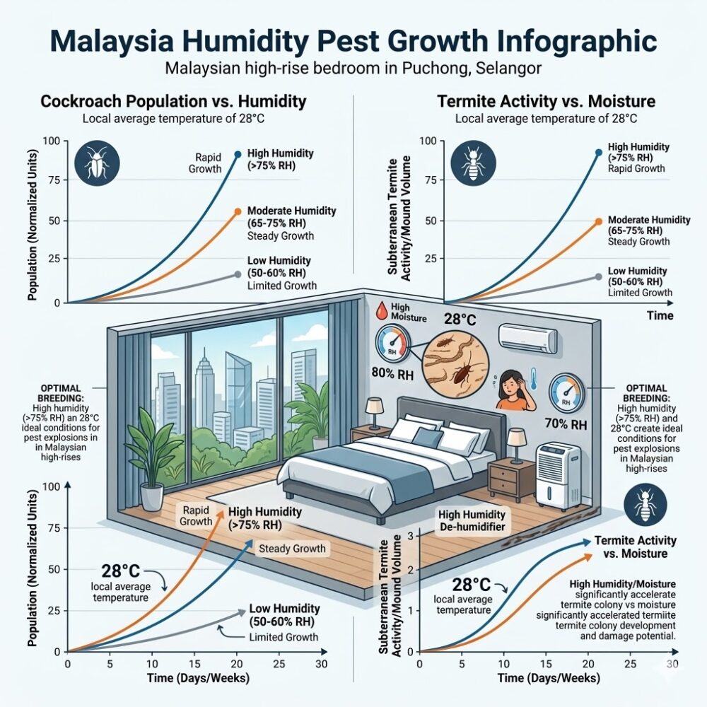 Infographic showing how Malaysia's high humidity accelerates dust mite and bed bug population growth in Klang Valley condominiums.