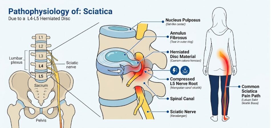 Medical diagram of a herniated L4-L5 lumbar disc compressing the sciatic nerve root in the lower back, illustrating the pathophysiology of sciatica in Malaysia