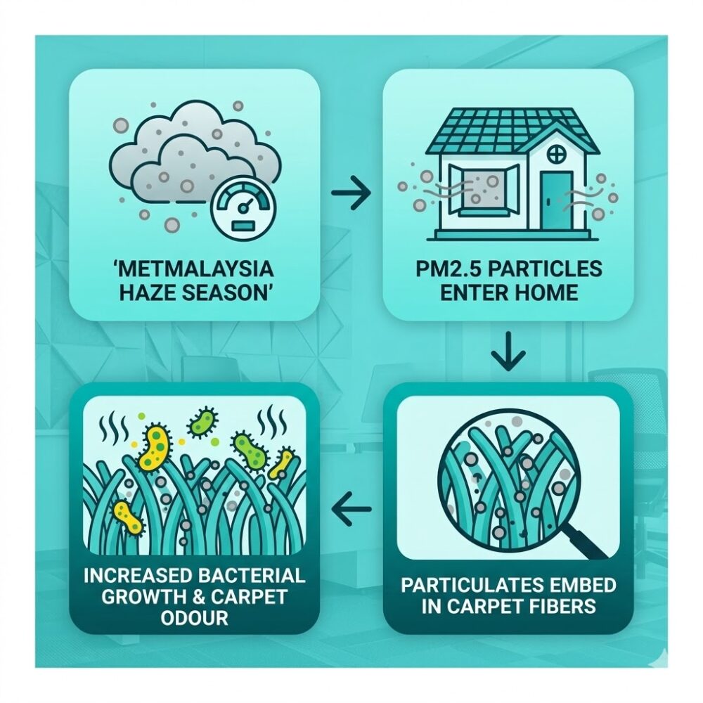 MetMalaysia haze season PM2.5 particulate matter embedded in carpet fibers in Malaysian home, increasing bacterial growth and carpet odour.
