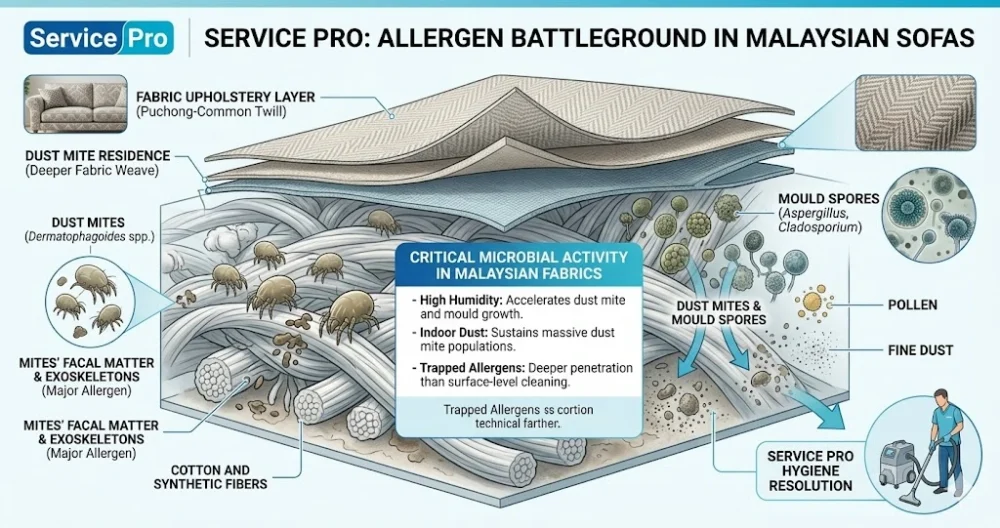 Microscopic cross-section diagram of allergens including dust mites and mould spores inside Malaysian fabric sofa upholstery.