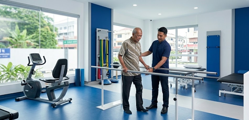 Modern physiotherapy and rehabilitation centre in Sungai Buloh Selangor Malaysia with equipment for post knee replacement recovery