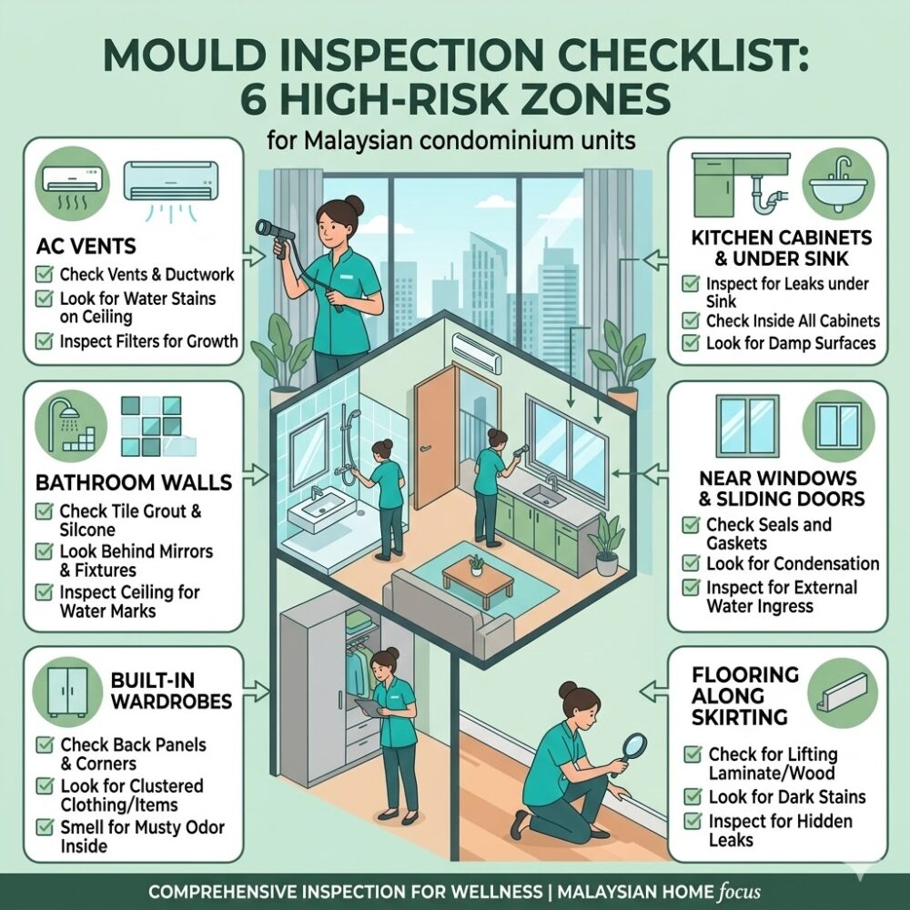 Mould inspection checklist diagram for Malaysian condominium units, showing six high-risk zones including AC vents, bathroom walls, and built-in wardrobes.