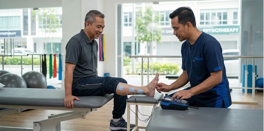 Neuromuscular electrical stimulation (NMES) therapy for foot drop treatment at a physiotherapy clinic in Sungai Buloh, Klang Valley.
