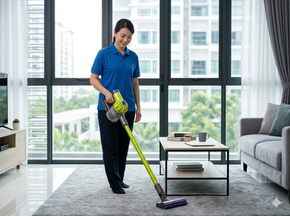 Part-time maid using homeowner-supplied vacuum during a domestic cleaning session in a Malaysian condominium.