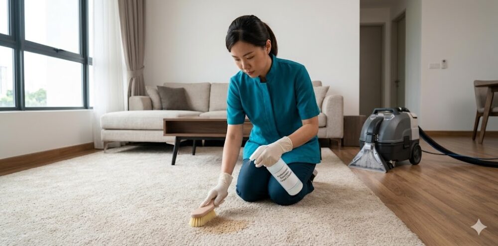 Pet urine stain on beige carpet being treated with enzymatic cleaner — step by step Malaysia