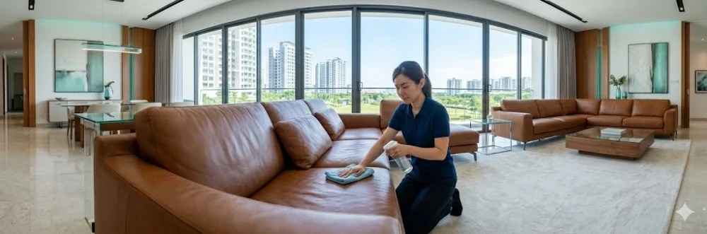 A clean microfibre cloth applying a pH-balanced leather conditioner to a brown full-grain leather sofa cushion to restore moisture and prevent cracking.