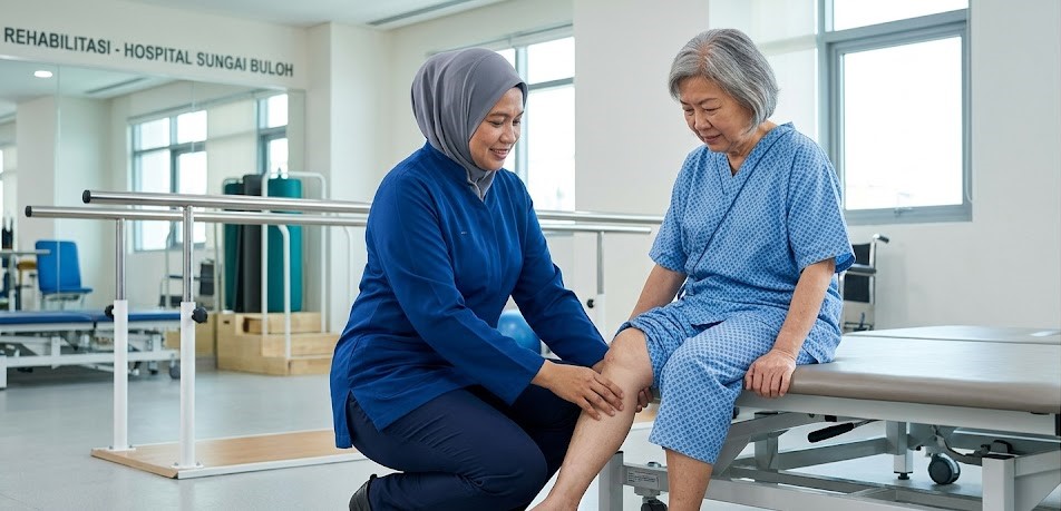 Physiotherapist assisting patient with early knee flexion exercises at Sungai Buloh hospital post total knee replacement surgery