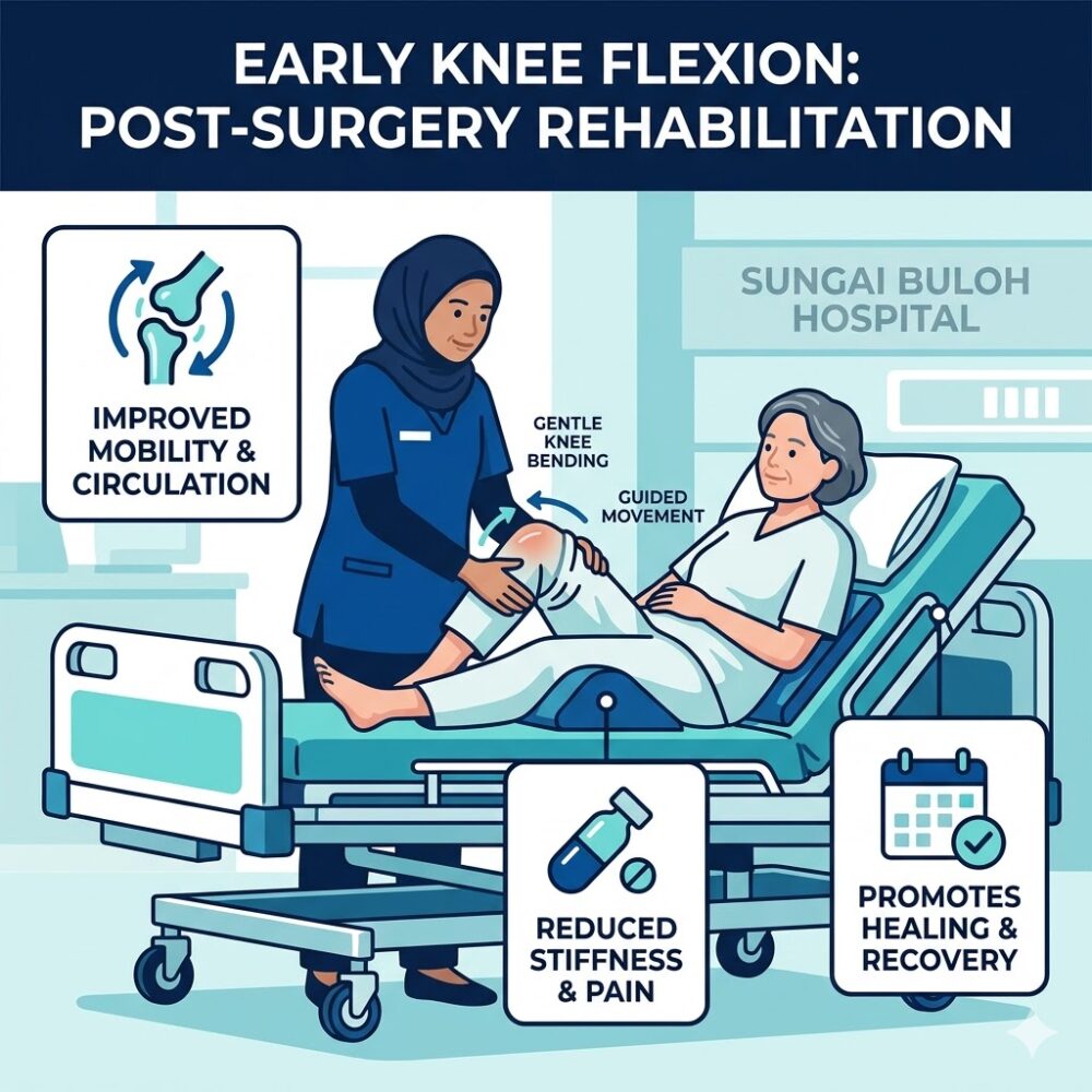 Physiotherapist assisting patient with early knee flexion exercises at Sungai Buloh hospital post total knee replacement surgery