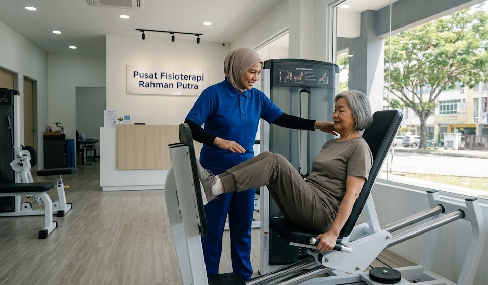 Physiotherapist guiding TKR patient through leg press strengthening exercise at Klang Valley rehab centre