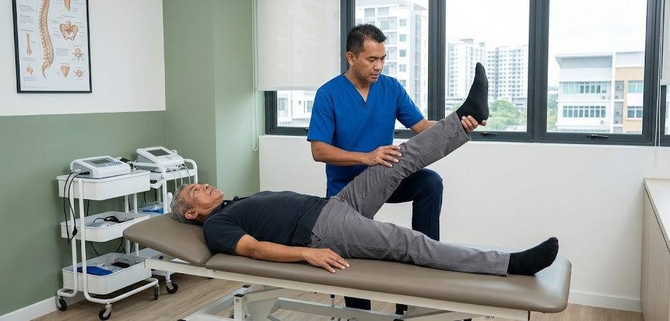 A physiotherapist performing a straight leg raise (SLR) neurological assessment test on a patient to diagnose lumbar disc herniation and sciatica in a Klang Valley clinic