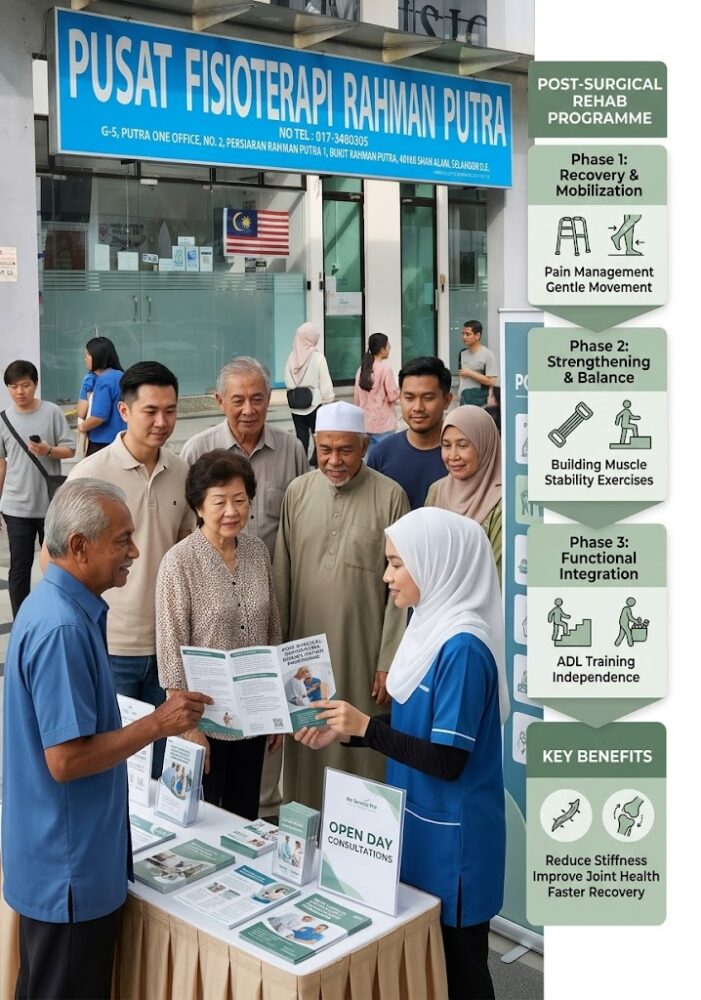 Post-surgical orthopaedic rehabilitation programme at Pusat Fisioterapi Rahman Putra serving patients from Kota Damansara and Sungai Buloh Selangor.