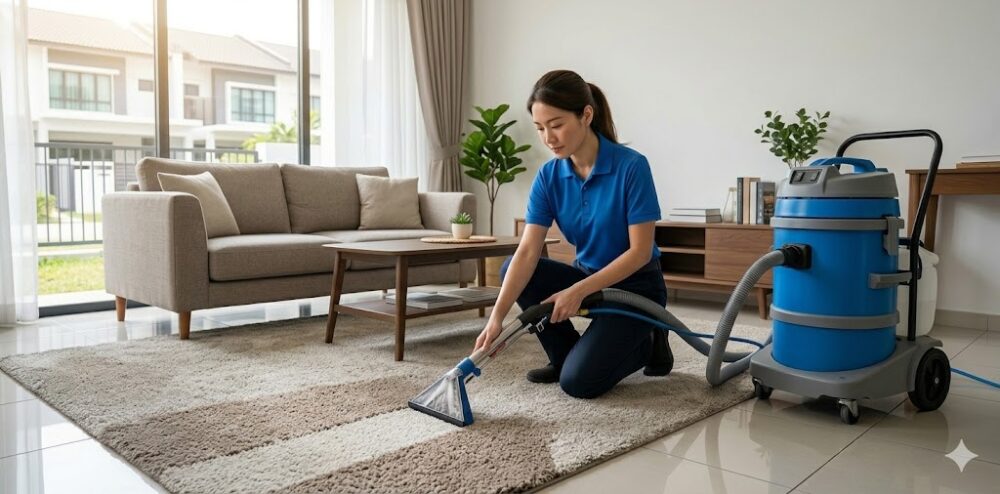 Professional hot water extraction machine on carpet in Malaysian home interior — pet odor removal Kuala Lumpur