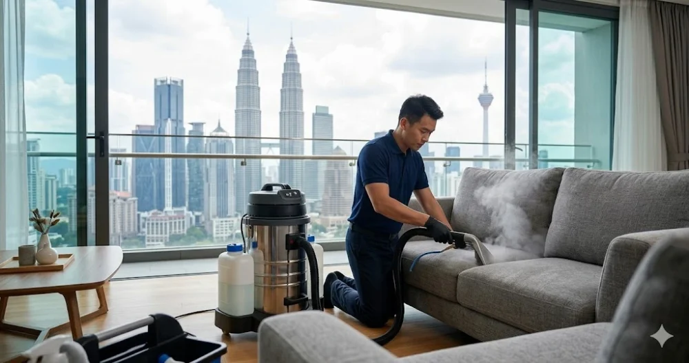 Professional sofa deep cleaning technician performing hot water extraction on fabric sofa in a Kuala Lumpur condo.