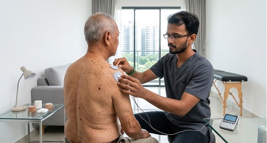 Registered physiotherapist from Pusat Fisioterapi Rahman Putra conducting a tens physiotherapy session for an elderly patient in Sungai Buloh, Selangor.