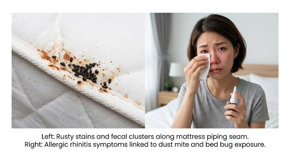 Signs of bed bug infestation on white bed sheets in Malaysian home versus dust mite allergy symptoms including runny nose and sneezing.