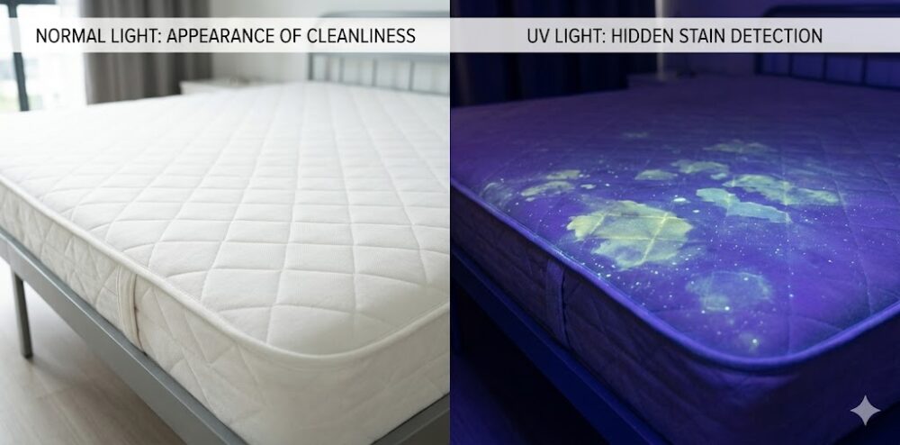 UV light inspection revealing hidden biological stains and sweat contamination on an unsanitized mattress in a Malaysian home.
