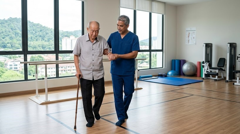 Stroke survivor undergoing walking rehabilitation with a physiotherapist at a rehabilitation centre in Sungai Buloh, Selangor.
