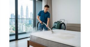 technician operating industrial hot water extraction equipment on a queen size mattress in a klang valley condominium