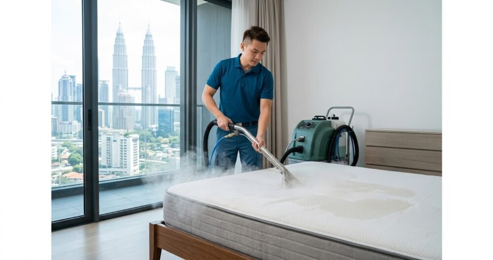 technician operating industrial hot water extraction equipment on a queen size mattress in a klang valley condominium