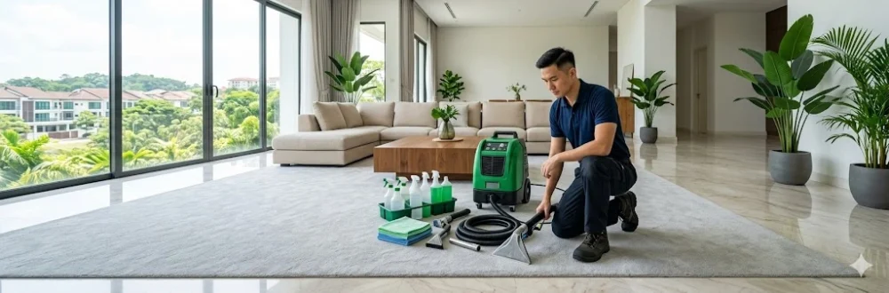 A Service Pro-certified upholstery cleaning technician preparing industrial-grade hot water extraction equipment for a sofa deep cleaning service in a Malaysian home.