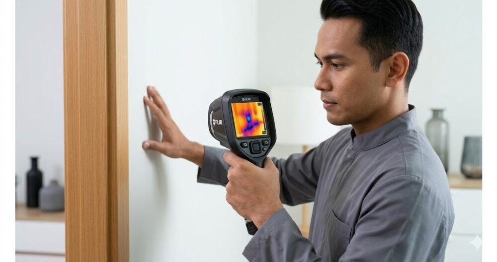 Thermal imaging inspection for professional mould removal service Puchong Klang Valley, detecting hidden moisture behind drywall before treatment