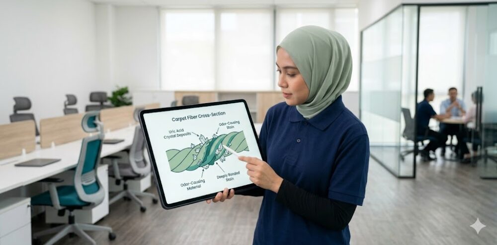 Microscopic diagram: uric acid crystals bonded to carpet fiber cross-section for pet odor removal Malaysia