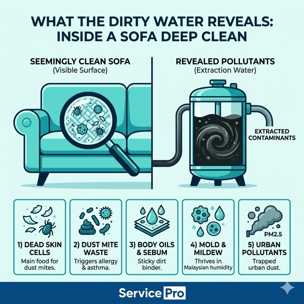 Dark murky extraction water from professional fabric sofa deep cleaning machine in Malaysia showing embedded biological dirt and allergens.