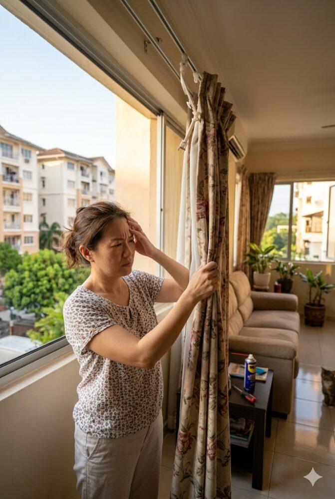 A jammed curtain track runner causing a broken curtain mechanism in a Selangor residence.
