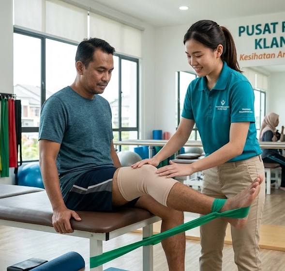 A Malaysian physiotherapist guiding a post-surgical patient through knee rehabilitation exercises at a rehab centre in Klang Valley