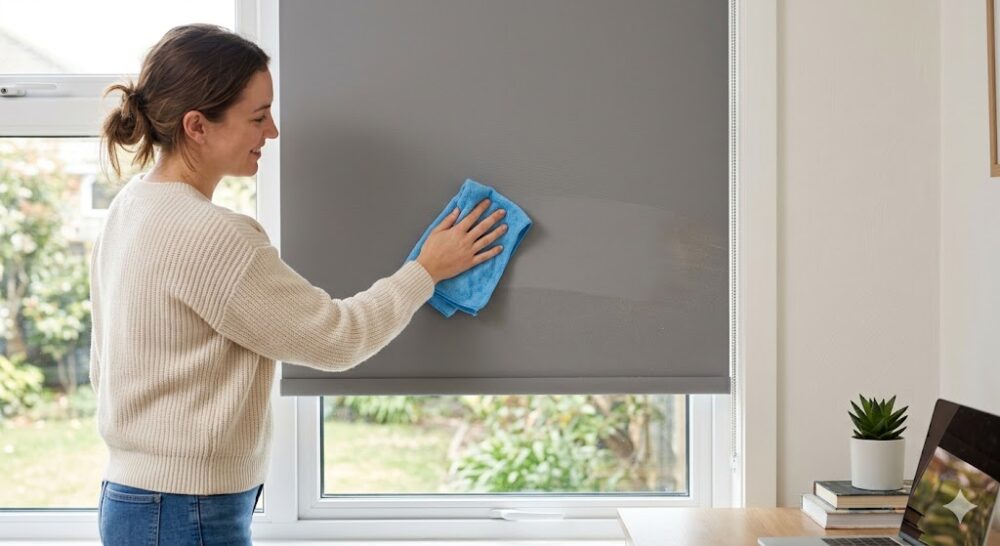 A person easily wiping dust off a modern grey roller blind using a damp microfiber cloth