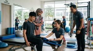 a teenage malaysian patient performing physiotherapy exercises with parental supervision and a physiotherapist in a rehabilitation centre